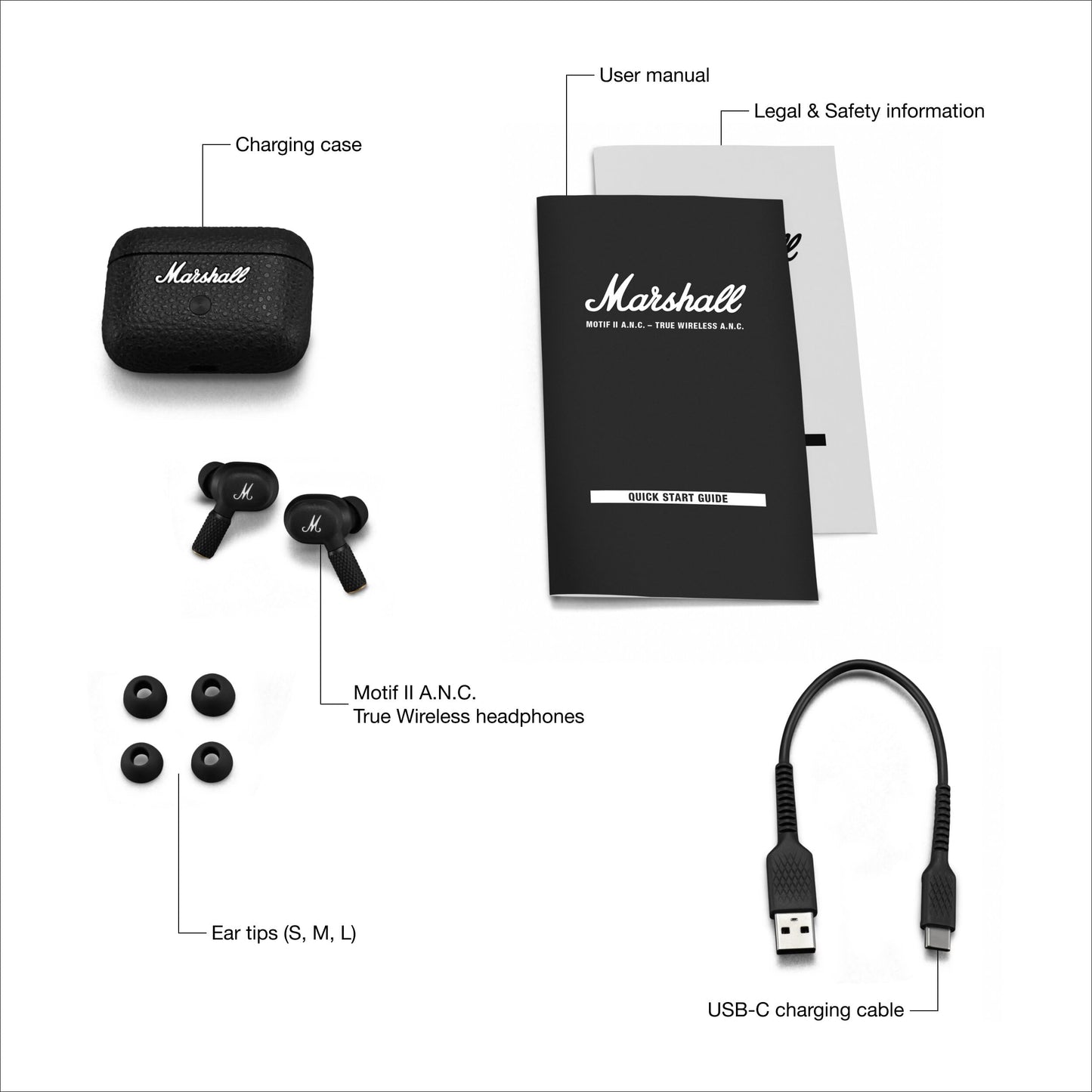 Marshall Motif 2 – True Wireless ANC Earbuds with Deep Bass, 30H Playtime, Dual Mic Clear Calls, Water-Resistant Design, Customizable EQ + Free Protective Carry Case | 1-Year Warranty | Easy 14-Day Returns (US Model) |