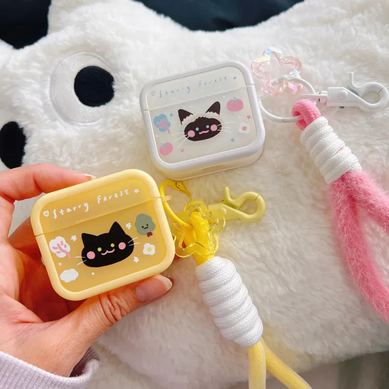 Starry Forest Cute Cat Rabbit Case for AirPods 1st/2nd/3rd/4th/pro/pro2 Generation, kawaii purple pink yellow cases with keychain lanyard