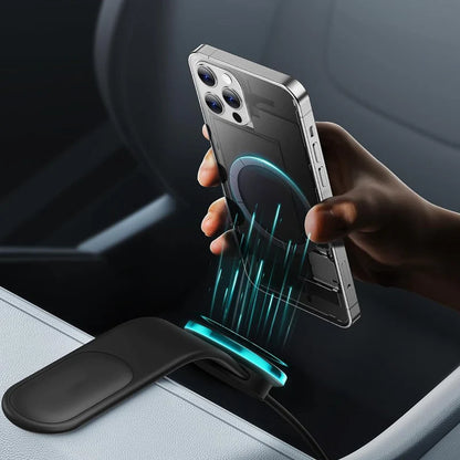Magnum: Sleek Memory Metal 15W MagSafe Wireless Car Charger & Magnetic Phone Holder with Ultra-Strong Grip, Flexible Aluminum Bendable Arm & Dashboard Mount