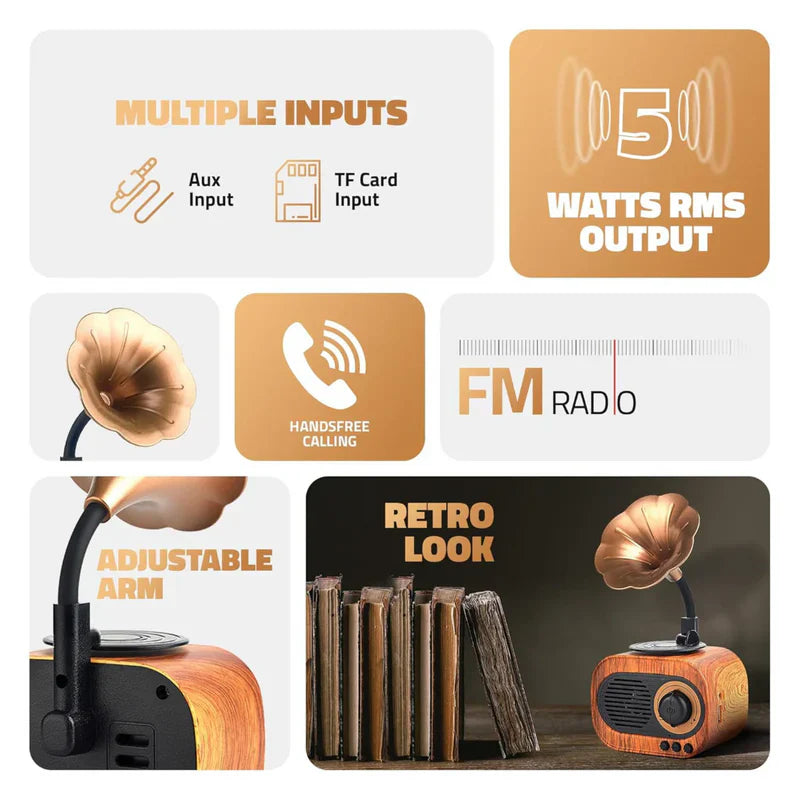 JukeMini: Retro Vinyl Bluetooth Speaker with Loud Sound, Physical Knob Control, FM Radio, USB & Aux, 5W Output, Vintage Design & Hands-Free Calling