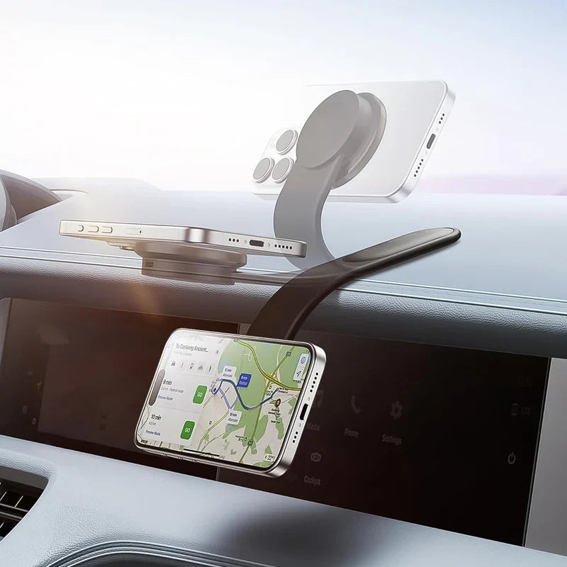 Magnum: Sleek Memory Metal 15W MagSafe Wireless Car Charger & Magnetic Phone Holder with Ultra-Strong Grip, Flexible Aluminum Bendable Arm & Dashboard Mount