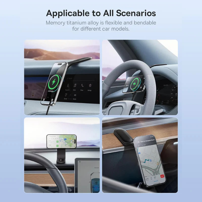 Magnum: Sleek Memory Metal 15W MagSafe Wireless Car Charger & Magnetic Phone Holder with Ultra-Strong Grip, Flexible Aluminum Bendable Arm & Dashboard Mount