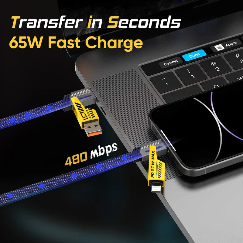 SpeedLink: 4-in-1 65W Fast Charging Data Cable with USB-A, Type-C & Lightning Connectors for High-Speed Charging & Data Transfer