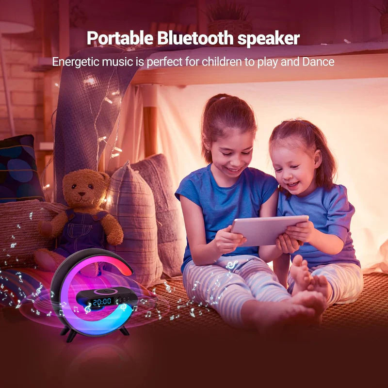 GoobleMini: G-Shaped RGB Atmosphere Lamp with 15W Wireless Charger, Bluetooth Speaker, Alarm Clock & Desk Light for Bedside & Room Décor