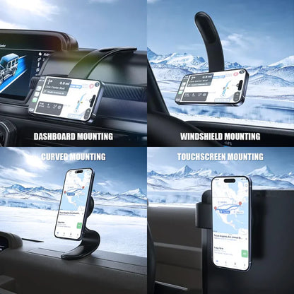 Magnum: Sleek Memory Metal 15W MagSafe Wireless Car Charger & Magnetic Phone Holder with Ultra-Strong Grip, Flexible Aluminum Bendable Arm & Dashboard Mount