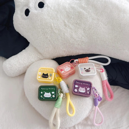 Starry Forest Cute Cat Rabbit Case for AirPods 1st/2nd/3rd/4th/pro/pro2 Generation, kawaii purple pink yellow cases with keychain lanyard