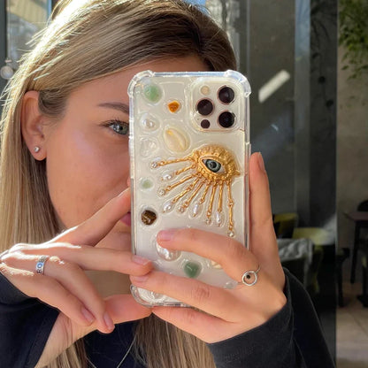 Resin designer Iphone case, aesthetic Iphone case for iPhone 16 15 14 13 12 11 pro max plus mini case, Golden eye with shells and stones